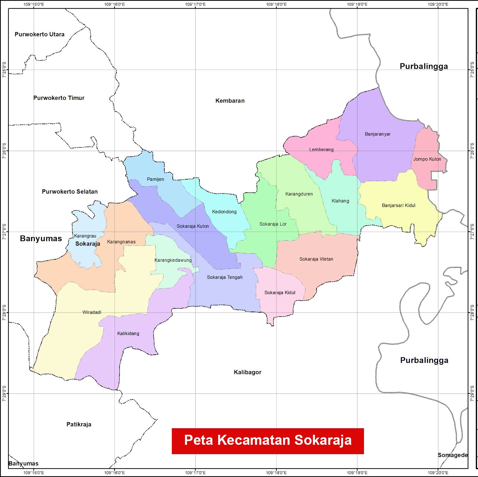 Kecamatan Sokaraja, Kabupaten Banyumas lengkap peta dan 17 desa 2 Peta Kecamatan Sokaraja