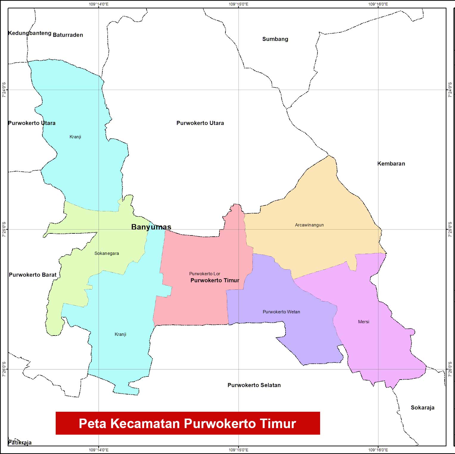 Kecamatan Purwokerto Timur Kabupaten Banyumas lengkap peta dan 6 desa 2 peta Kecamatan Purwokerto Timu
