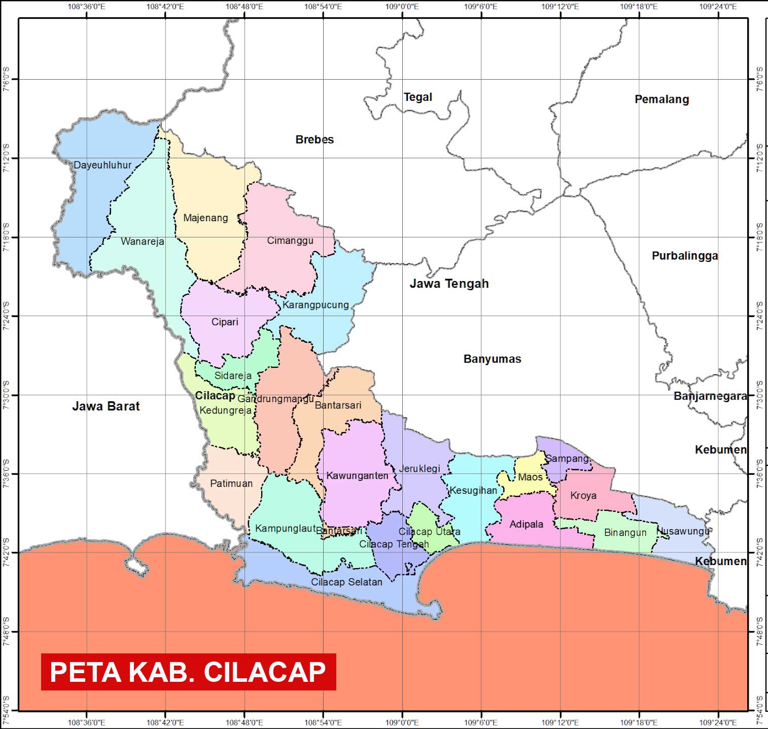 Peta Kabupaten Cilacap Lengkap 24 Kecamatan 1 Peta Kabupaten Cilacap