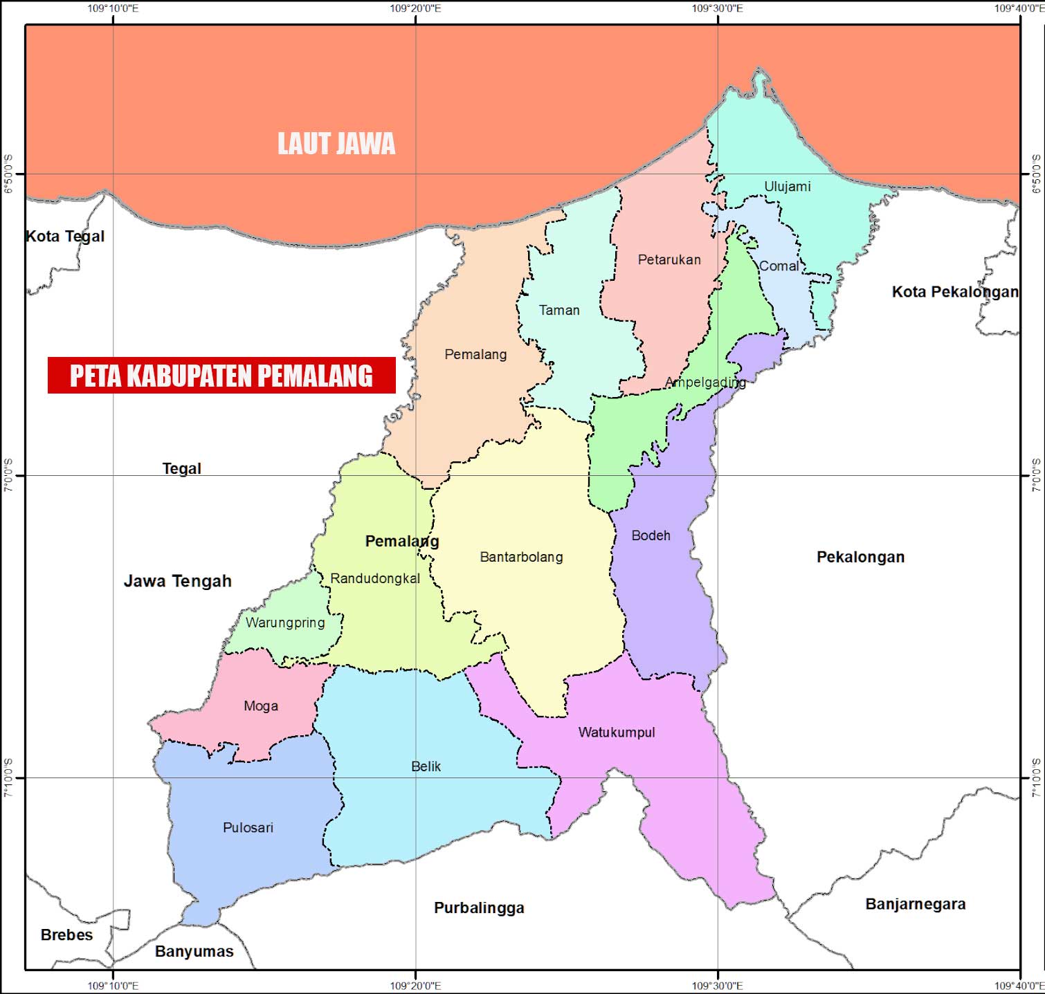 Peta Kabupaten Pemalang Lengkap 14 Kecamatan