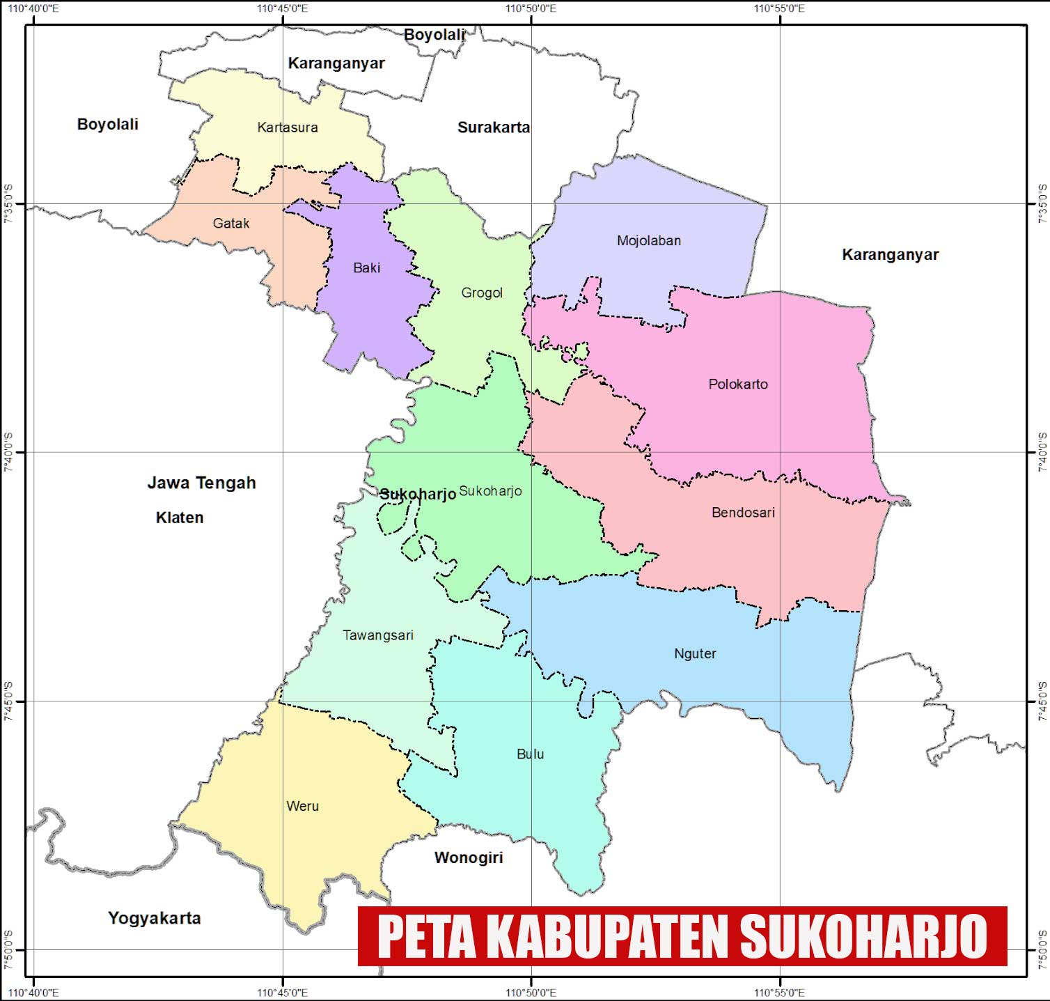 Peta Kabupaten Sukoharjo lengkap 12 Kecamatan
