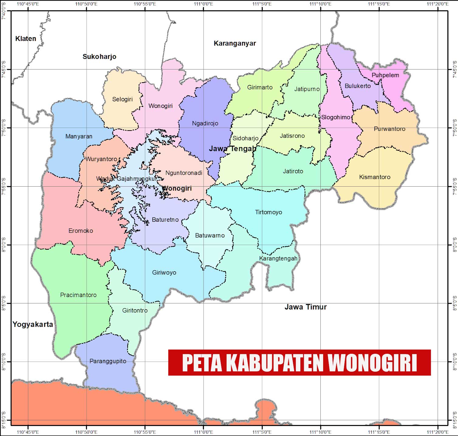 Peta Kabupaten Wonogiri lengkap 25 Kecamatan